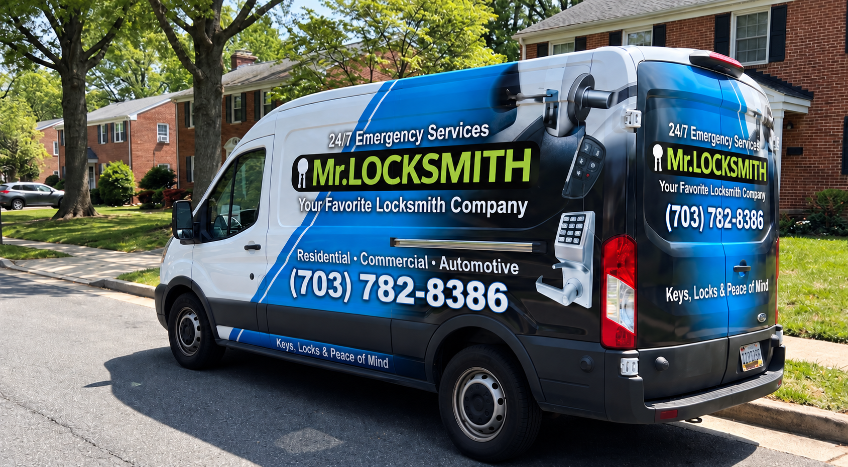 Mr. Locksmith service van parked on a residential street in Alexandria